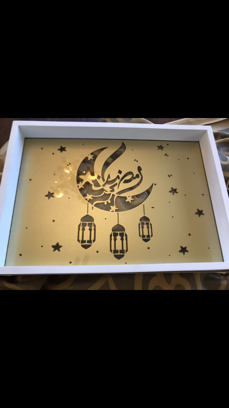 wooden tray with ramadan decoration