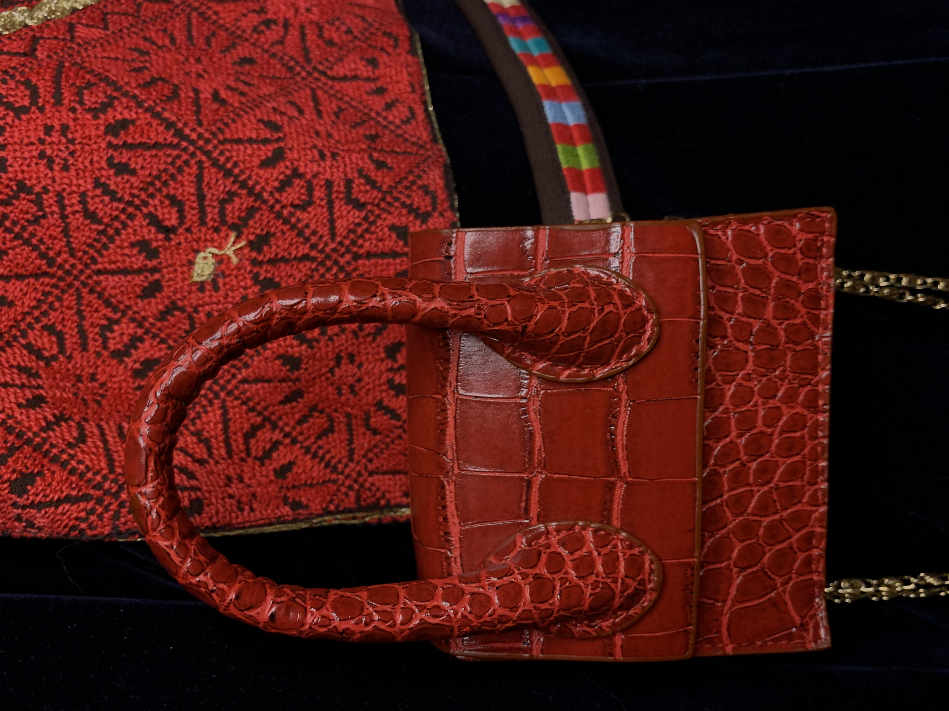 Embroidered multicolored belt with a small bag